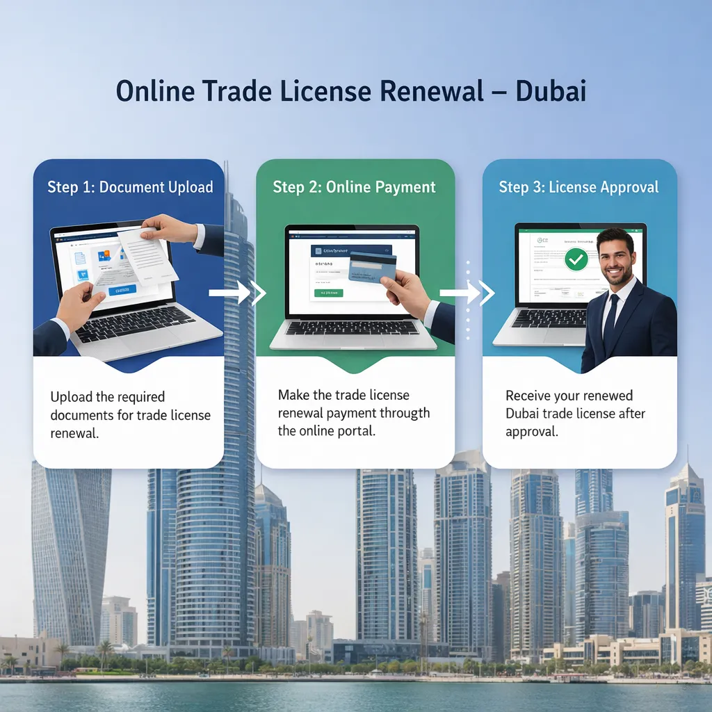 Visual representation of the Dubai trade license renewal process, including online application, document submission, and approval.