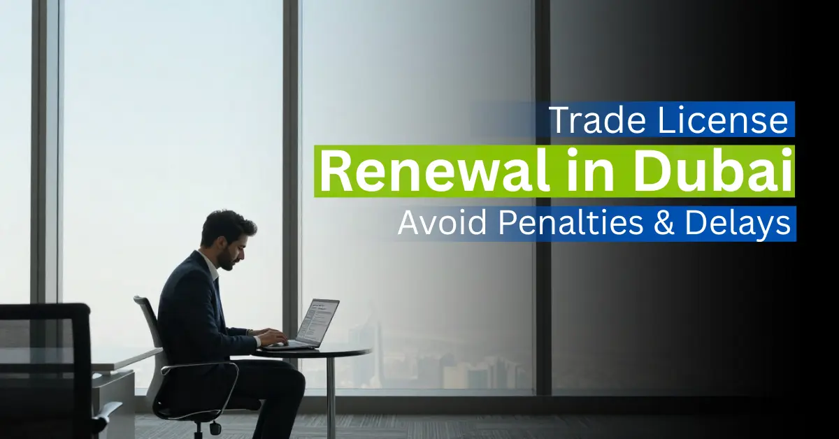 image showing a Dubai business professional reviewing trade license renewal documents, representing trade license renewal in Dubai and business compliance.