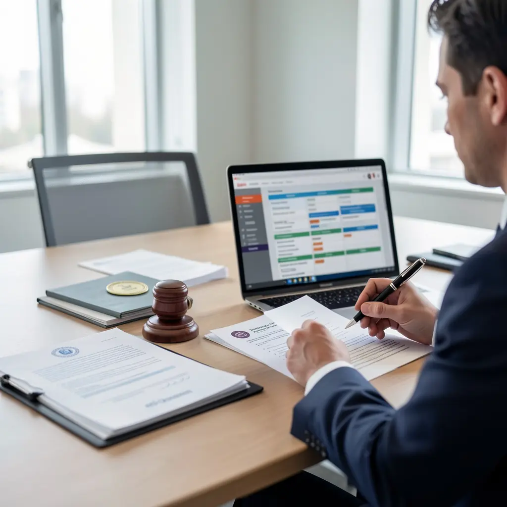 Executive reviewing offshore company compliance documents in UAE office.