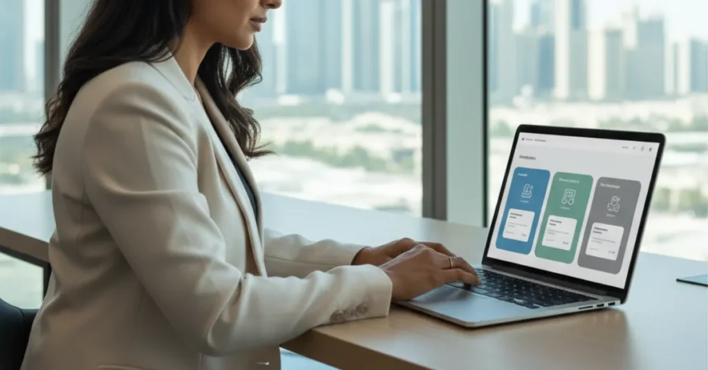 Startup founder reviewing DIFC license options in office environment.