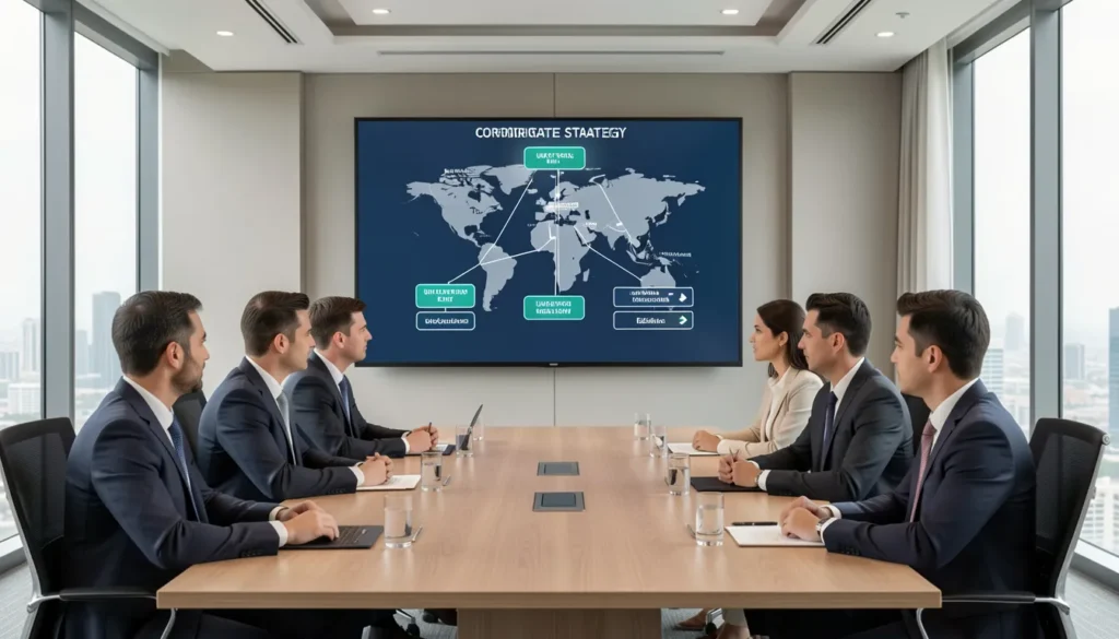 Corporate boardroom discussing UAE offshore company structure for international operations.