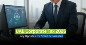 Business professional reviewing tax documents with UAE corporate tax headline about 2026 updates and small business compliance.