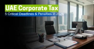 Corporate tax compliance documents and deadline calendar in UAE office setting.