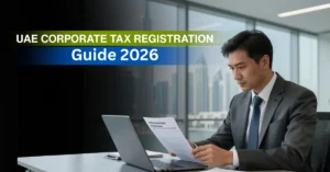 UAE corporate tax registration process in modern Dubai office with financial documents and skyline view