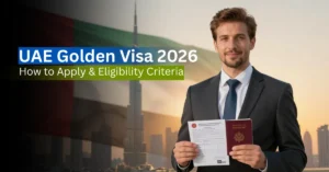 Business professional holding UAE residency approval document with Dubai skyline and headline text about UAE Golden Visa 2026.