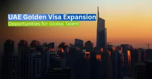 Diverse global professionals standing in Dubai financial district symbolizing UAE Golden Visa opportunities.