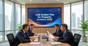Modern Dubai corporate office with professionals discussing Golden Visa investment opportunities and digital strategy board.