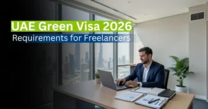 Freelancer working remotely in Dubai apartment under UAE Green Visa residency.