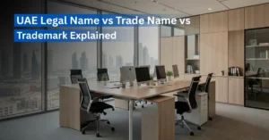 Realistic UAE business scene showing legal name, trade name, and trademark concepts with trade license and brand identity