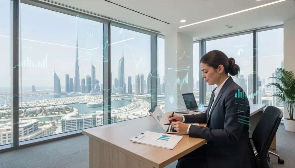 Dubai skyline with investment data overlays and professional real estate documents in a corporate setting.