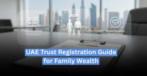 UAE financial district with trust registration documents symbolizing family wealth protection.