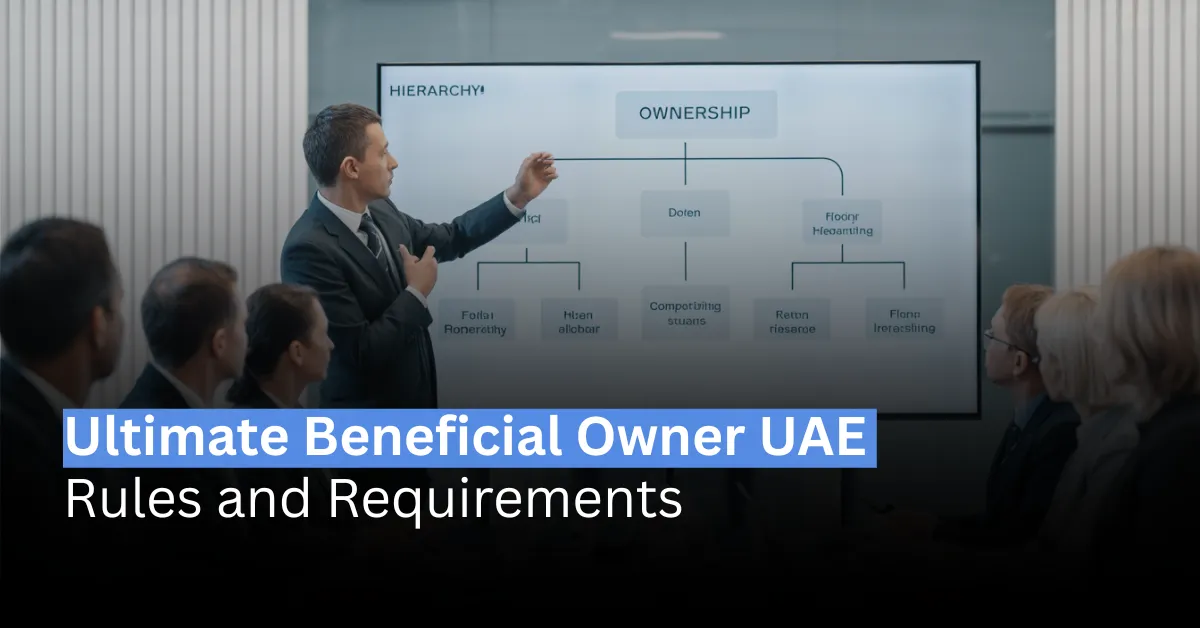 Corporate executive presenting company ownership structure in modern UAE office.