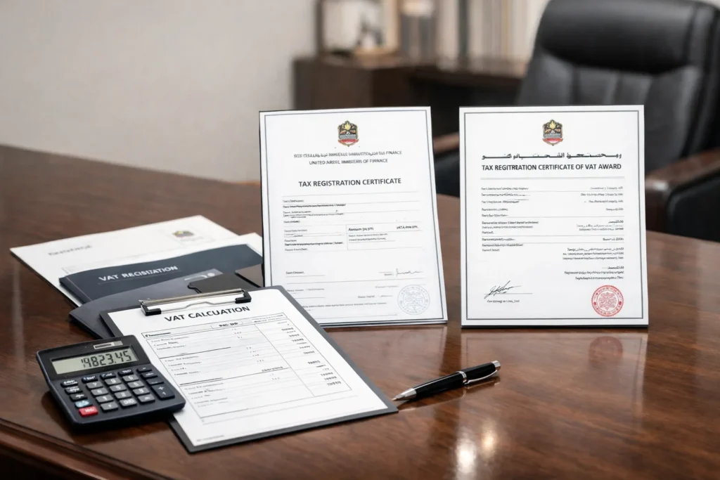 VAT calculation and compliance documents in professional UAE office setting.