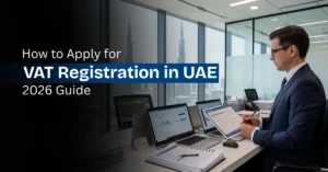 Finance professional preparing VAT registration documents in UAE corporate office.