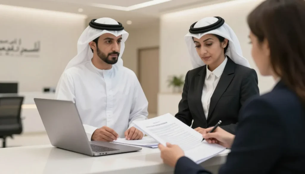 Applicant submitting UAE investor visa documents at government service center.
