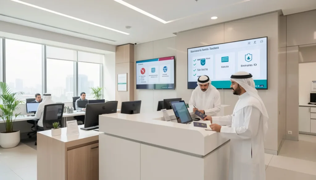 Freelancer submitting documents for Dubai freelance visa at modern UAE government service center.