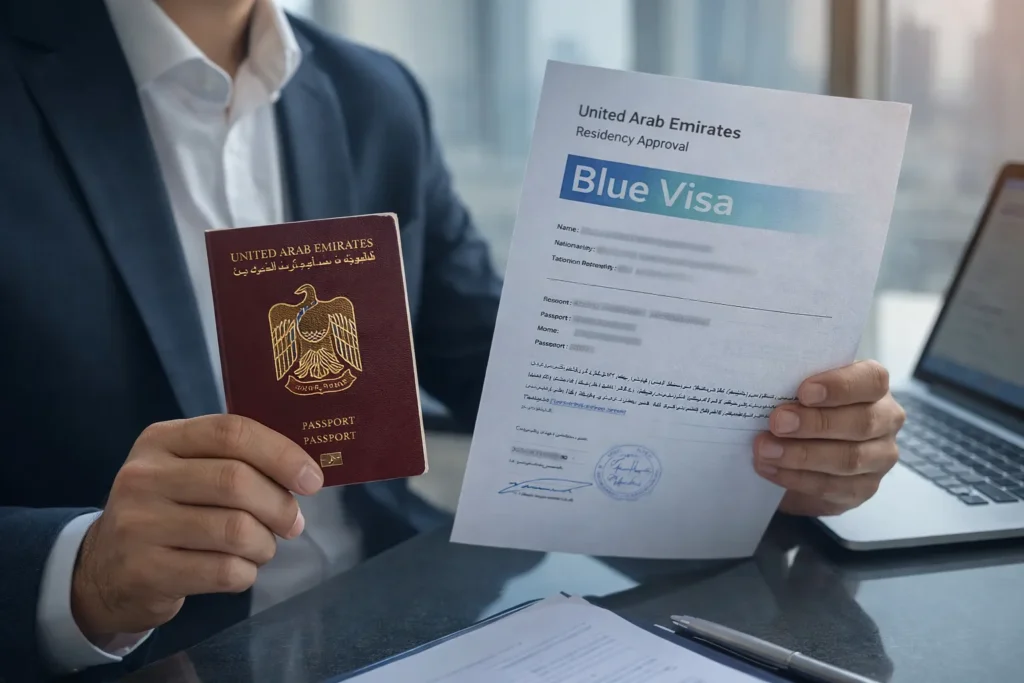 Business professional holding UAE passport and Blue Visa approval document in office setting.