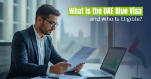 Environmental professional reviewing sustainability documents in modern UAE office with skyline background.