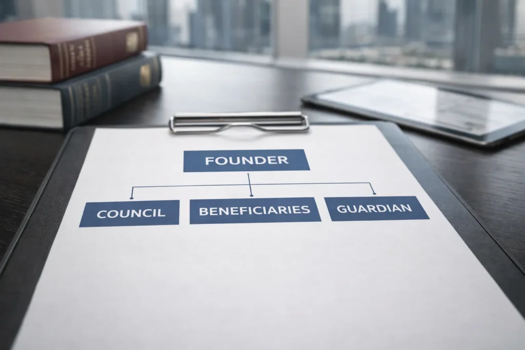 Organizational chart showing foundation structure roles with readable text about DIFC Foundation setup.