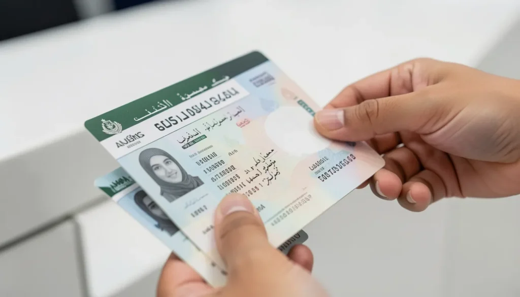Passport being processed at UAE immigration counter for residency visa.