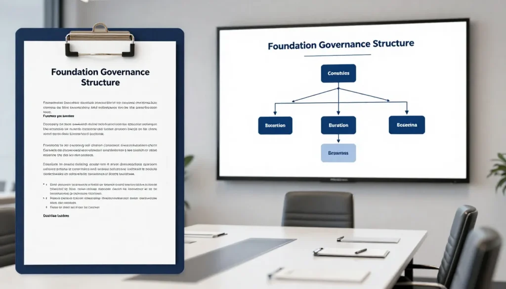Corporate governance structure presentation for RAK ICC Foundation in boardroom.
