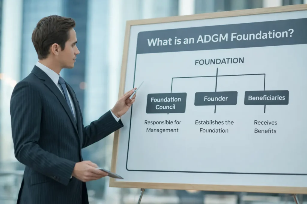 Legal advisor explaining foundation structure diagram in Abu Dhabi office.