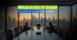 Business team planning company setup in boardroom overlooking Dubai skyline.