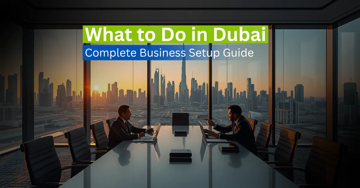 Business team planning company setup in boardroom overlooking Dubai skyline.