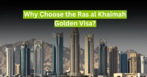 Ras Al Khaimah skyline with Golden Visa text overlay.