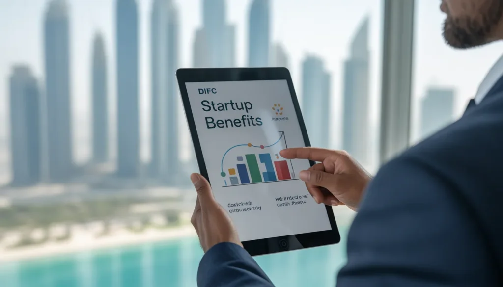Business professional showing DIFC startup advantages on tablet.