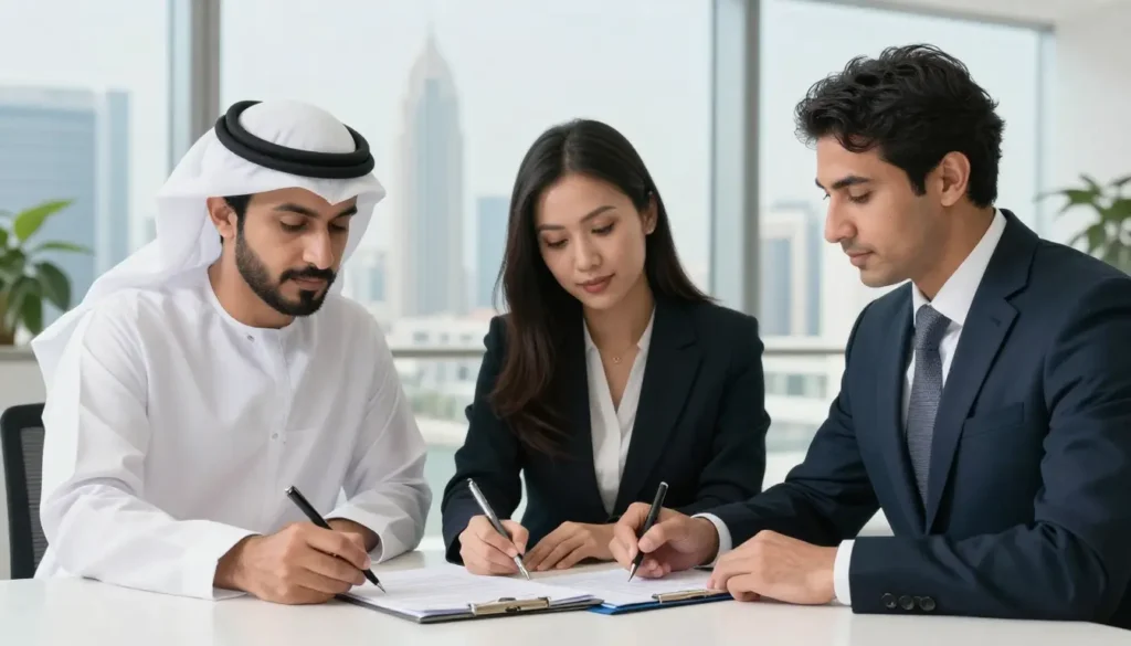Business partners finalizing local sponsorship agreement in Dubai office.