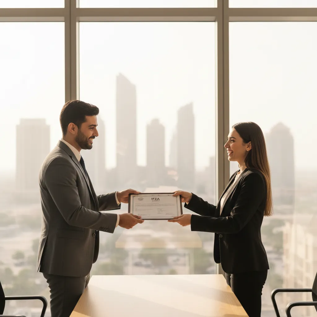 Business consultant handing IFZA Dubai license documents to entrepreneur in office
