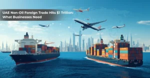 UAE non-oil foreign trade reaching $1 trillion, showing ports, cargo ships, aircraft, and the UAE as a global trade hub