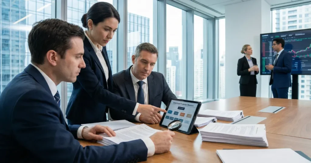 Legal professionals reviewing international asset protection structure through ADGM Foundations