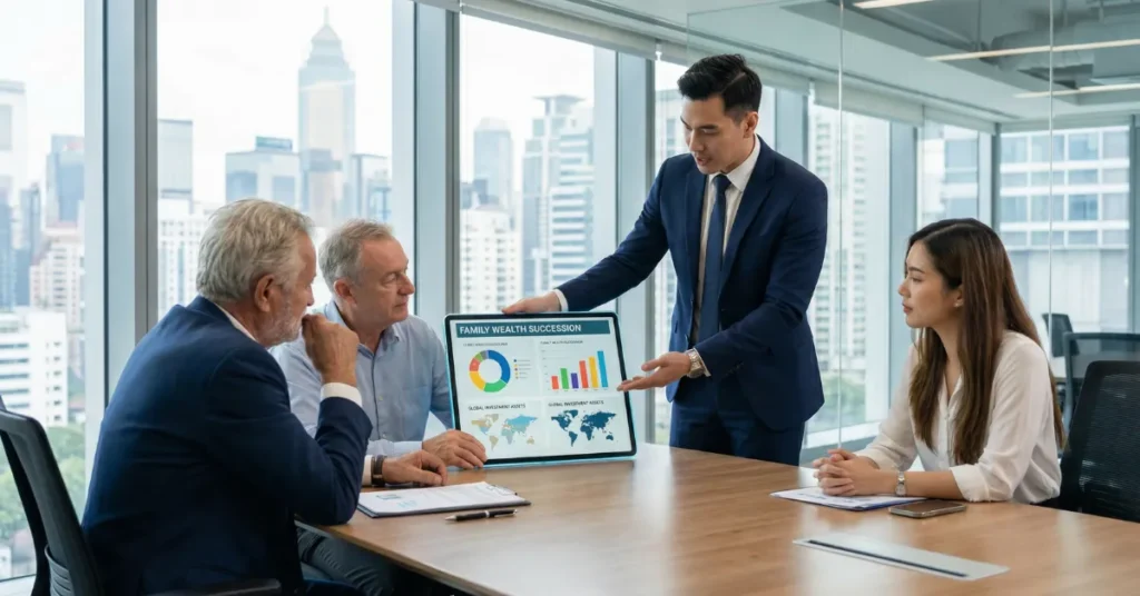 Wealth advisor explaining family succession planning using ADGM Foundations