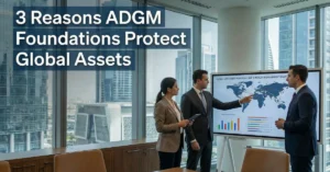 Financial advisors discussing international asset protection strategy using ADGM Foundations in Abu Dhabi