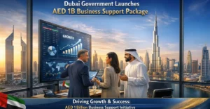AED 1B Business Support Package Dubai showcasing economic growth and government business support initiative