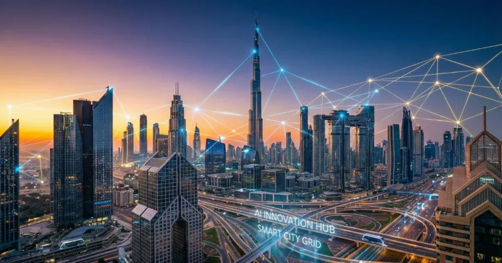 AI Startup in Dubai innovation ecosystem with smart city technology and digital AI network connections