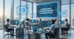 AI Startup in Dubai technology entrepreneurs developing artificial intelligence solutions in a modern office