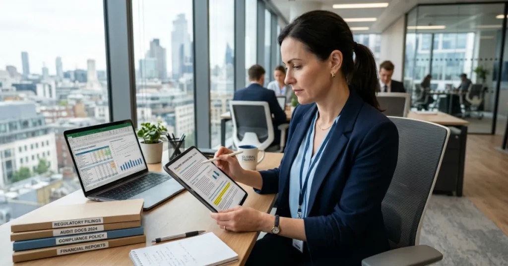 AML Compliance officer managing regulatory reporting and financial risk monitoring in UAE business environment