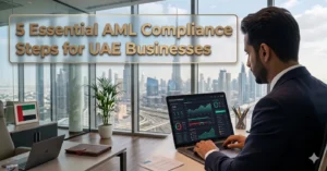 AML Compliance process for UAE businesses reviewing financial monitoring reports in corporate office