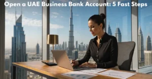 Entrepreneur opening a Business Bank Account in Dubai corporate banking office with financial documents