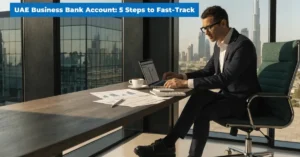 Business Bank Account setup in Dubai corporate banking concept with businessman reviewing financial documents in modern office