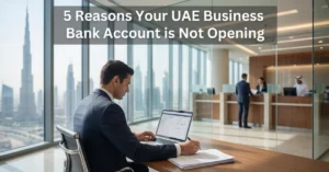 Business Bank Account in UAE concept showing professional reviewing financial documents in corporate office