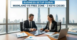 Business Setup Dubai consultation with entrepreneurs discussing company formation in a modern Dubai office