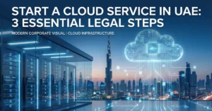 Cloud Service in UAE corporate data center infrastructure with digital network and Dubai skyline