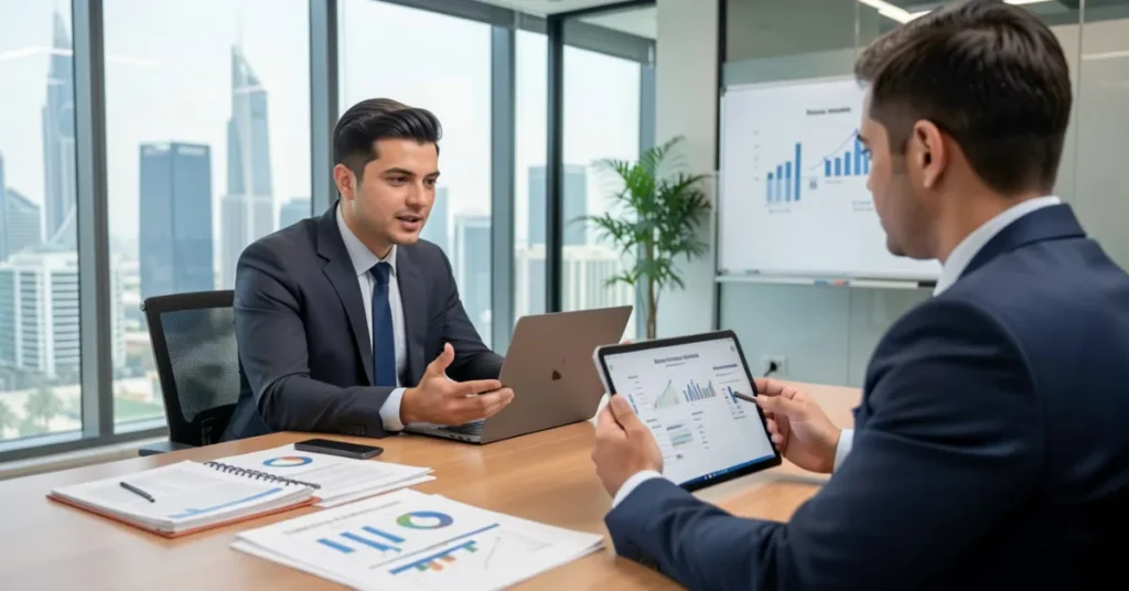 Consultant explaining steps to obtain Consulting License Dubai during business setup meeting