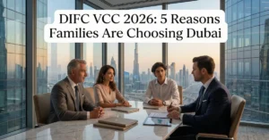 DIFC VCC wealth management concept showing family and advisor in Dubai corporate environment