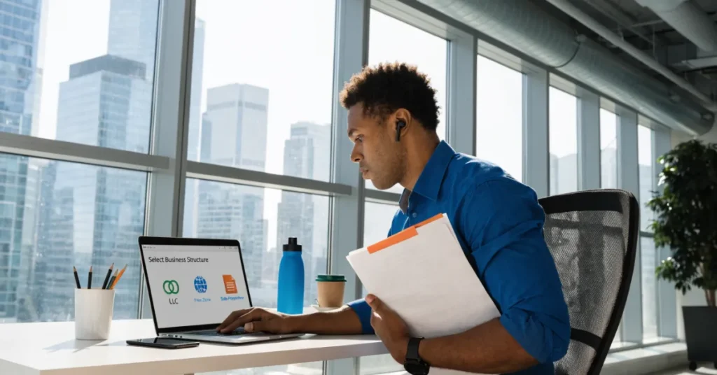 Dubai Business license selection process showing LLC and Free Zone company setup decision