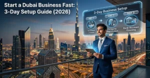 Dubai Business fast setup guide showing entrepreneur planning company registration in Dubai skyline